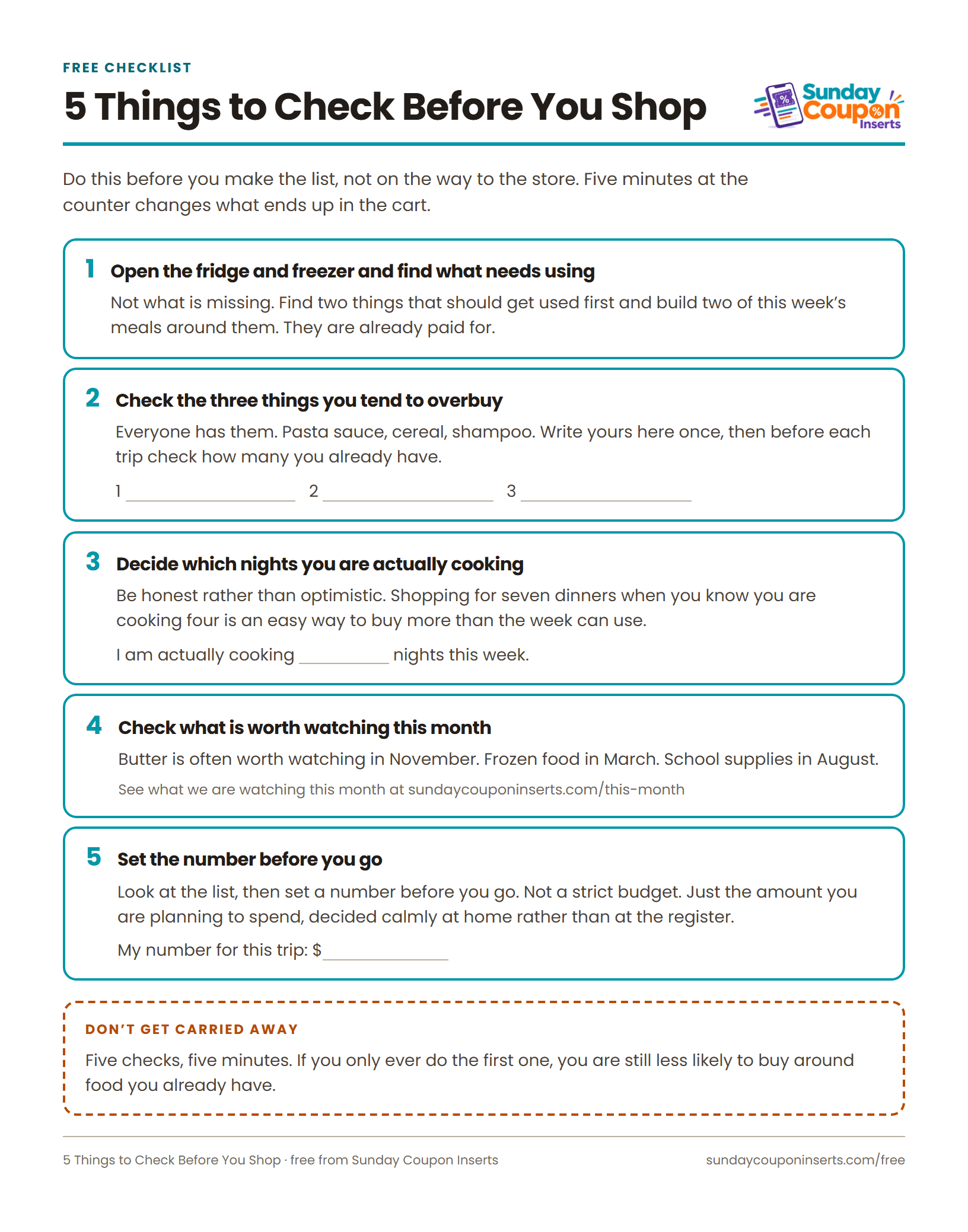 The 5 Things to Check Before You Shop sheet