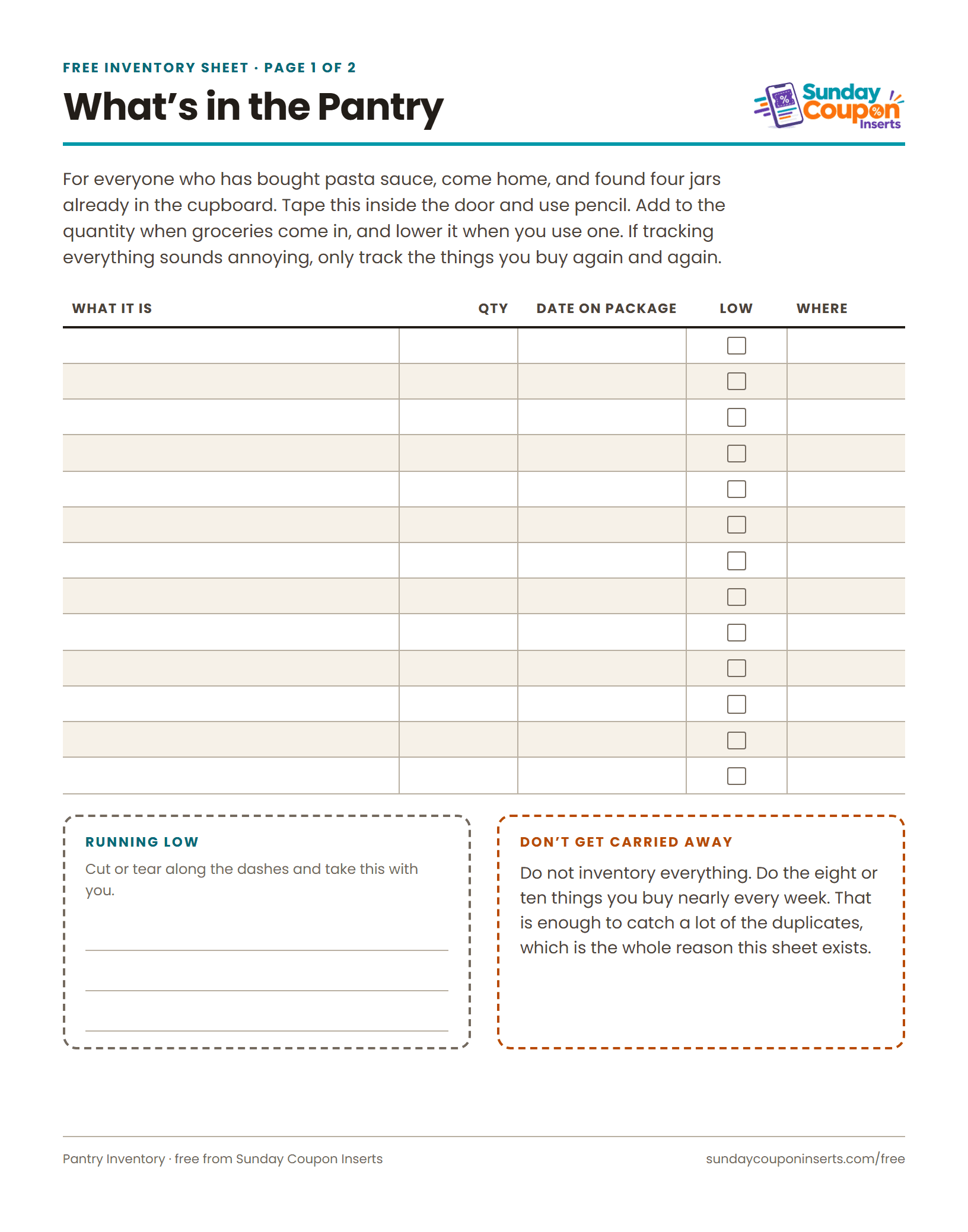 The Pantry and Freezer Inventory sheet