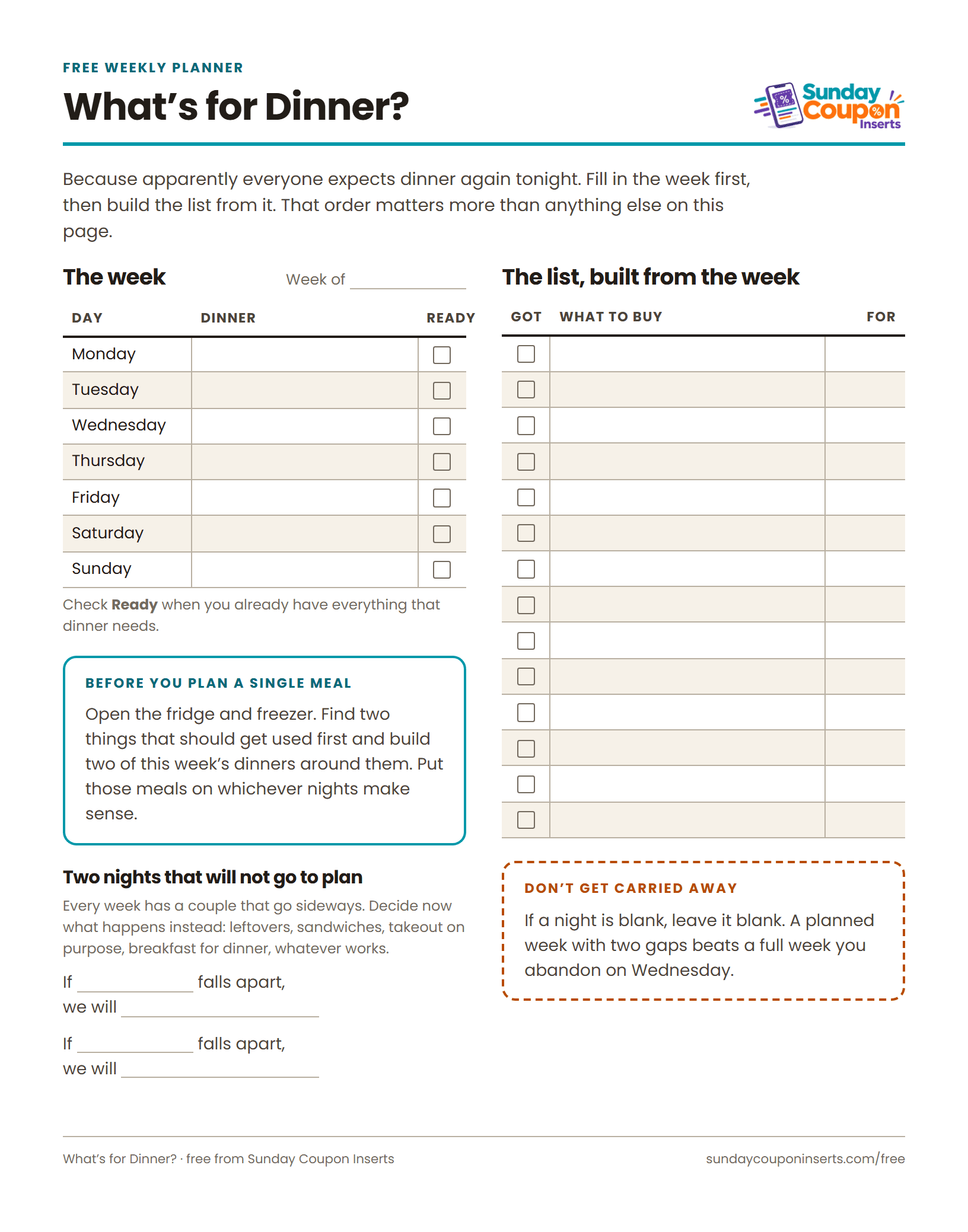The What's for Dinner? Weekly Planner sheet